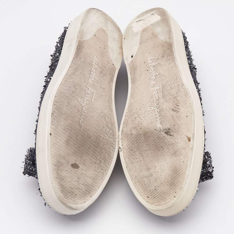 Pre Owned Salvatore Ferragamo Grey Tweed Novello Slip On Sneakers Size 37.5
