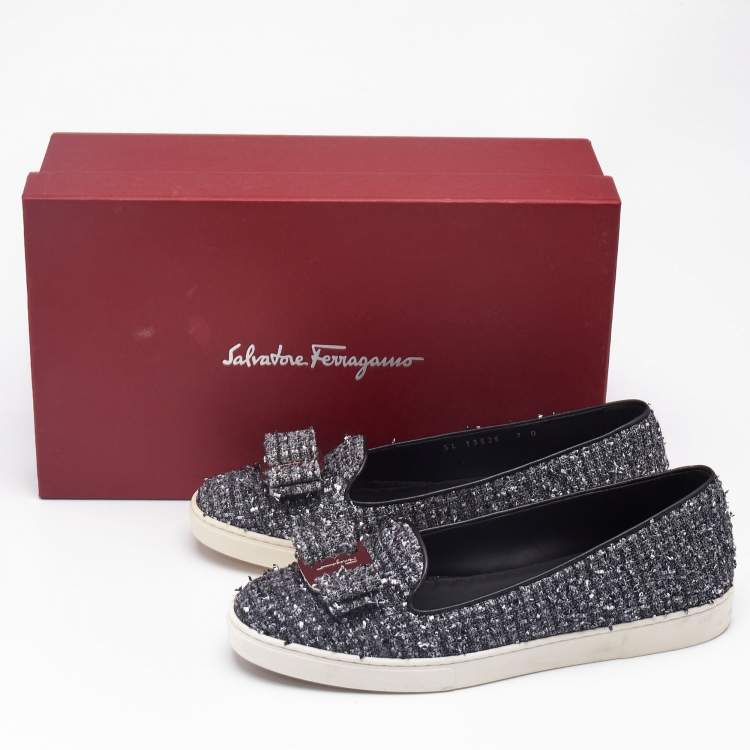 Pre Owned Salvatore Ferragamo Grey Tweed Novello Slip On Sneakers Size 37.5
