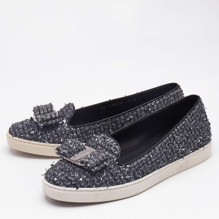 Pre Owned Salvatore Ferragamo Grey Tweed Novello Slip On Sneakers Size 37.5