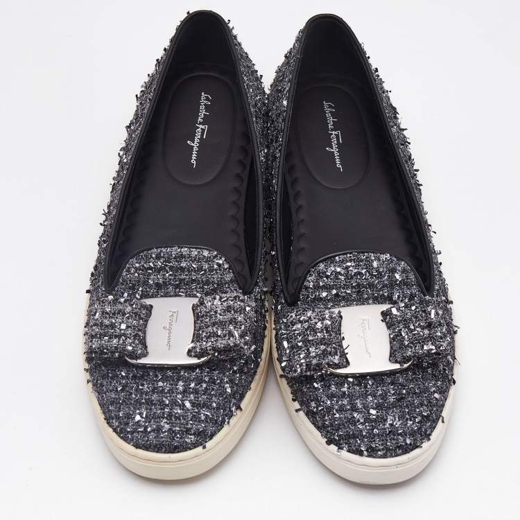 Pre Owned Salvatore Ferragamo Grey Tweed Novello Slip On Sneakers Size 37.5