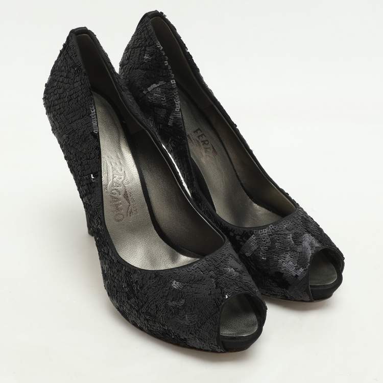 Pre Owned Salvatore Ferragamo Black Satin and Sequins Embellished Peep Toe Pumps Size 40