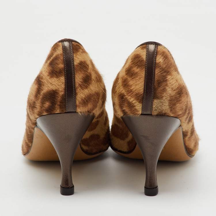 Pre Owned Salvatore Ferragamo Beige/Brown Animal Print Calf Hair Pumps Size 37.5