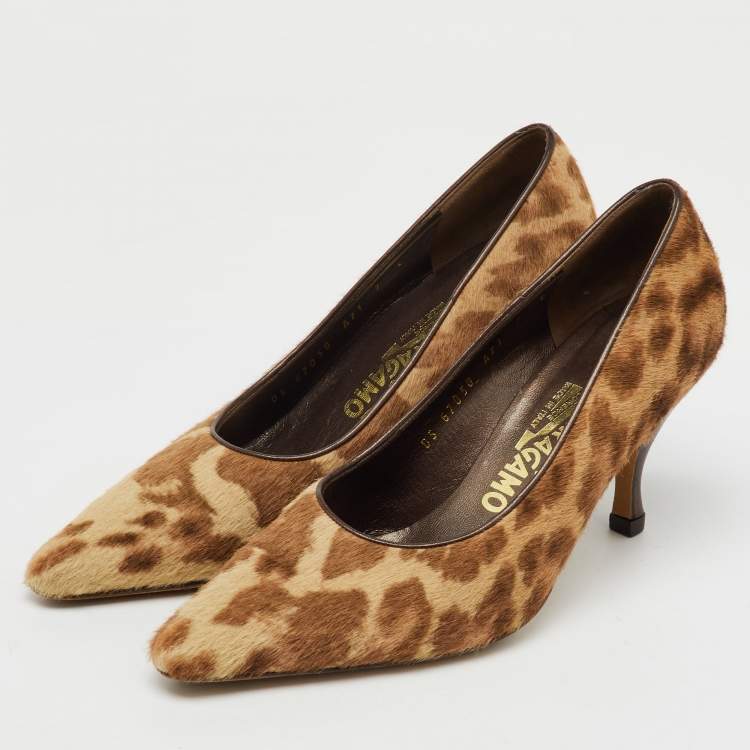 Pre Owned Salvatore Ferragamo Beige/Brown Animal Print Calf Hair Pumps Size 37.5