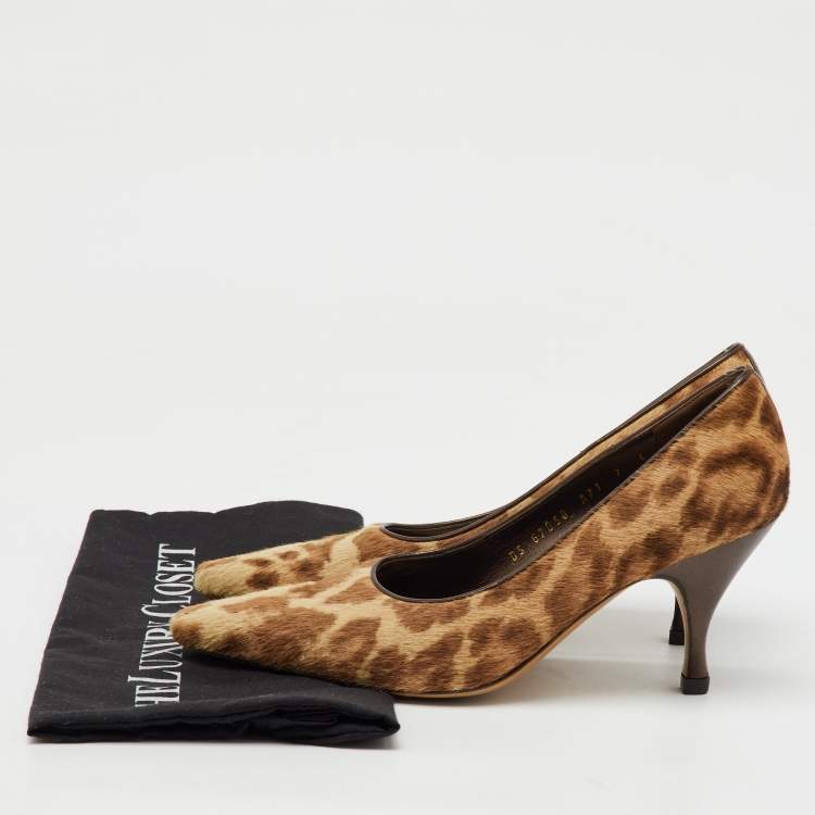 Pre Owned Salvatore Ferragamo Beige/Brown Animal Print Calf Hair Pumps Size 37.5