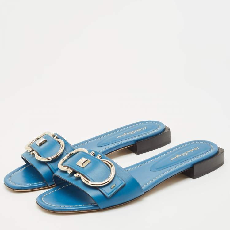 Pre Owned Salvatore Ferragamo Blue Leather Gancini Flat Slides Size 39.5