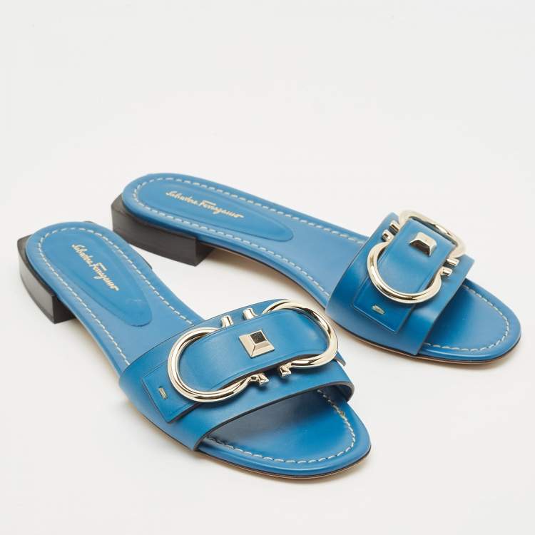 Pre Owned Salvatore Ferragamo Blue Leather Gancini Flat Slides Size 39.5