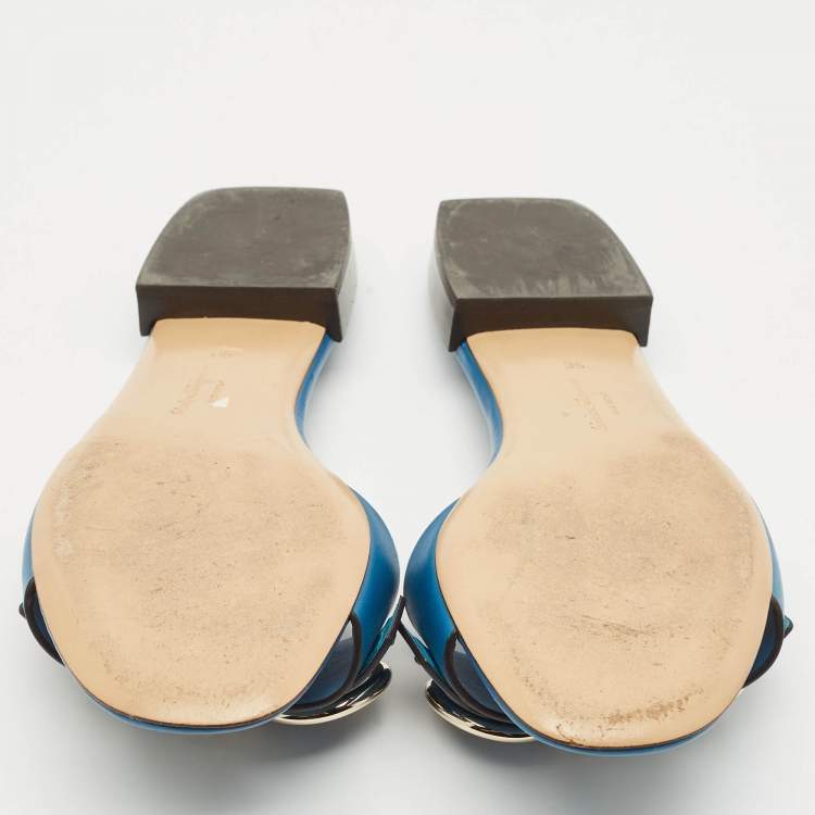 Pre Owned Salvatore Ferragamo Blue Leather Gancini Flat Slides Size 39.5