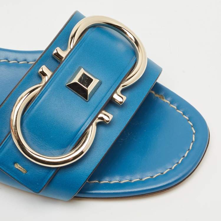 Pre Owned Salvatore Ferragamo Blue Leather Gancini Flat Slides Size 39.5