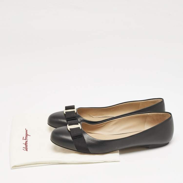Pre Owned Salvatore Ferragamo Black Leather Vara Bow Ballet Flats Size 40.5