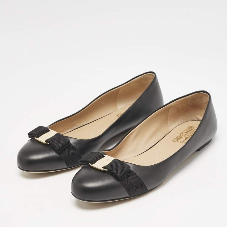 Pre Owned Salvatore Ferragamo Black Leather Vara Bow Ballet Flats Size 40.5