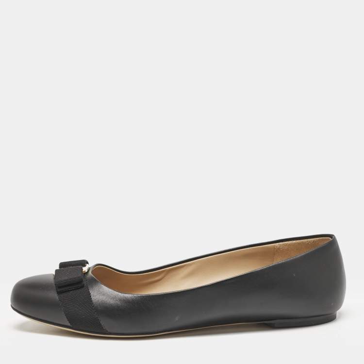 Pre Owned Salvatore Ferragamo Black Leather Vara Bow Ballet Flats Size 40.5