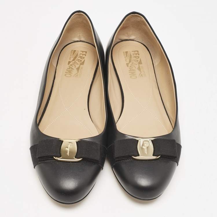 Pre Owned Salvatore Ferragamo Black Leather Vara Bow Ballet Flats Size 40.5