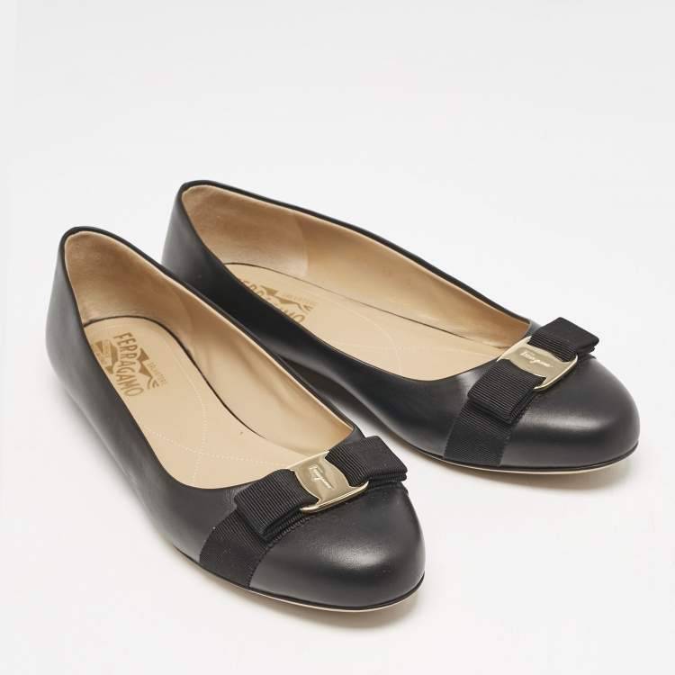 Pre Owned Salvatore Ferragamo Black Leather Vara Bow Ballet Flats Size 40.5