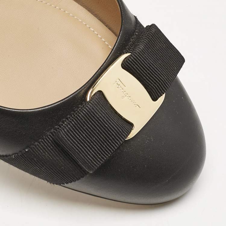 Pre Owned Salvatore Ferragamo Black Leather Vara Bow Ballet Flats Size 40.5