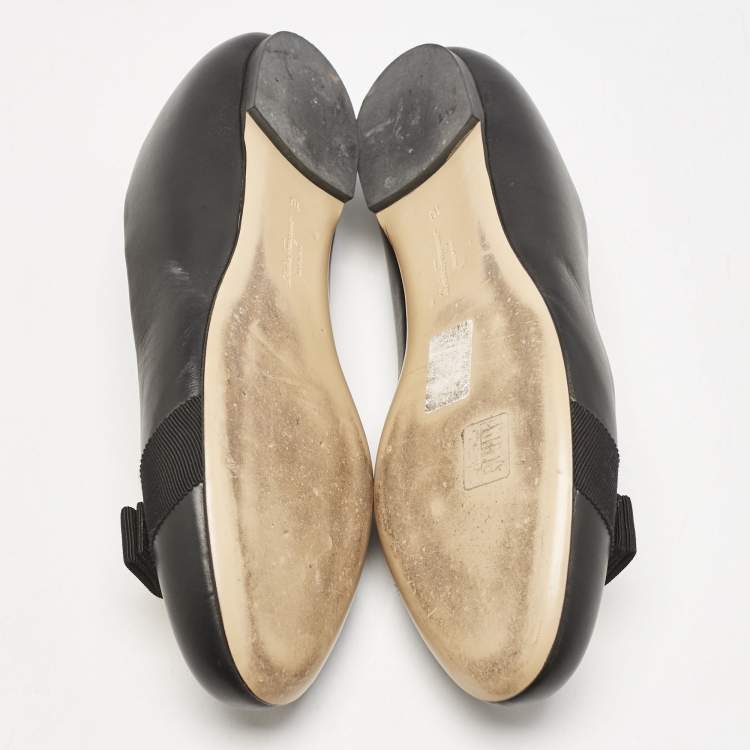 Pre Owned Salvatore Ferragamo Black Leather Vara Bow Ballet Flats Size 40.5