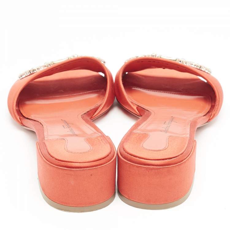 Pre Owned Salvatore Ferragamo Red Satin Crystal Embellished Gancini Logo Slide Sandals Size 39.5