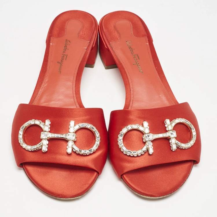 Pre Owned Salvatore Ferragamo Red Satin Crystal Embellished Gancini Logo Slide Sandals Size 39.5