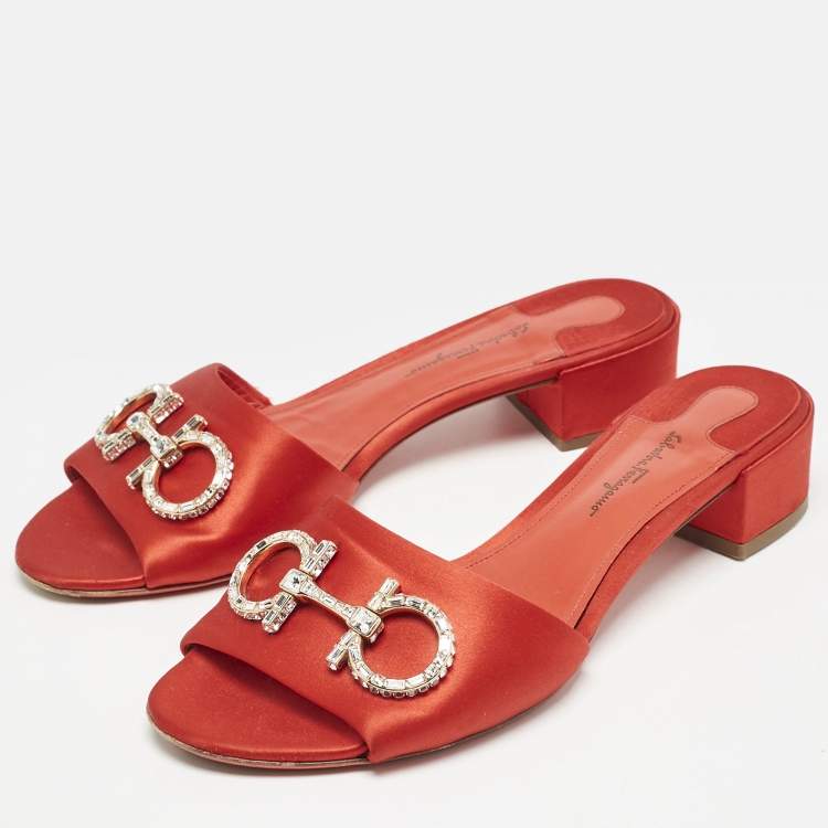 Pre Owned Salvatore Ferragamo Red Satin Crystal Embellished Gancini Logo Slide Sandals Size 39.5