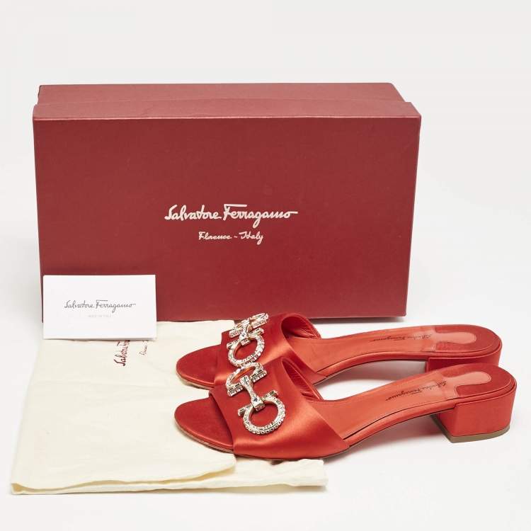 Pre Owned Salvatore Ferragamo Red Satin Crystal Embellished Gancini Logo Slide Sandals Size 39.5
