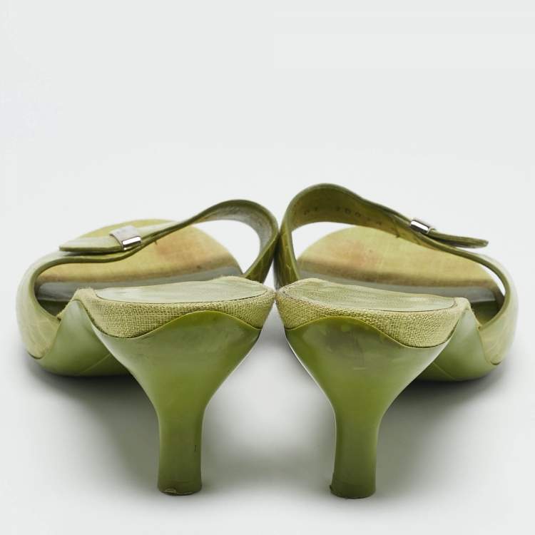 Pre Owned Salvatore Ferragamo Green Croc Embossed Leather Slide Sandals Size 38.5
