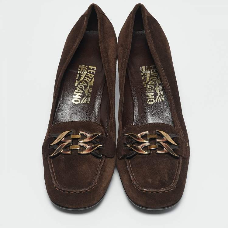 Pre Owned Salvatore Ferragamo Brown Suede Block Heel Loafers Size 39