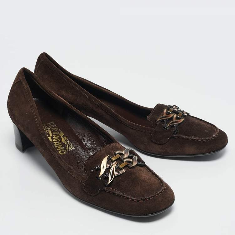 Pre Owned Salvatore Ferragamo Brown Suede Block Heel Loafers Size 39