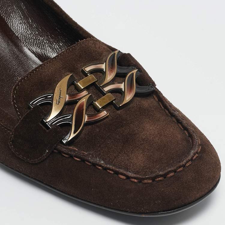 Pre Owned Salvatore Ferragamo Brown Suede Block Heel Loafers Size 39