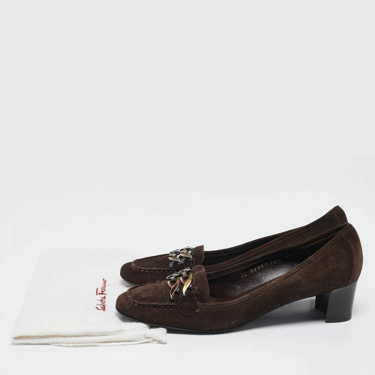 Pre Owned Salvatore Ferragamo Brown Suede Block Heel Loafers Size 39