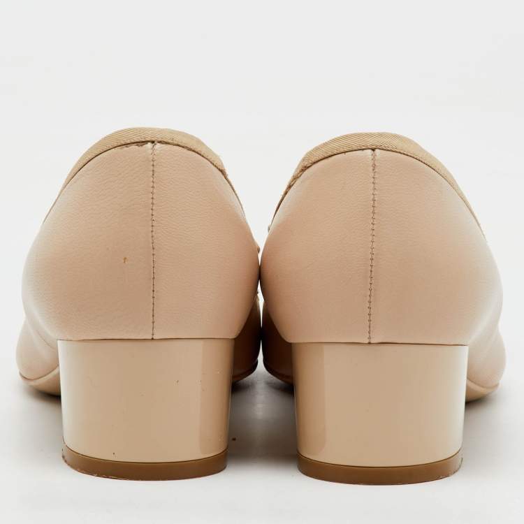 Pre Owned Salvatore Ferragamo Beige Leather Crystal Bow Block Heel Pumps Size 37