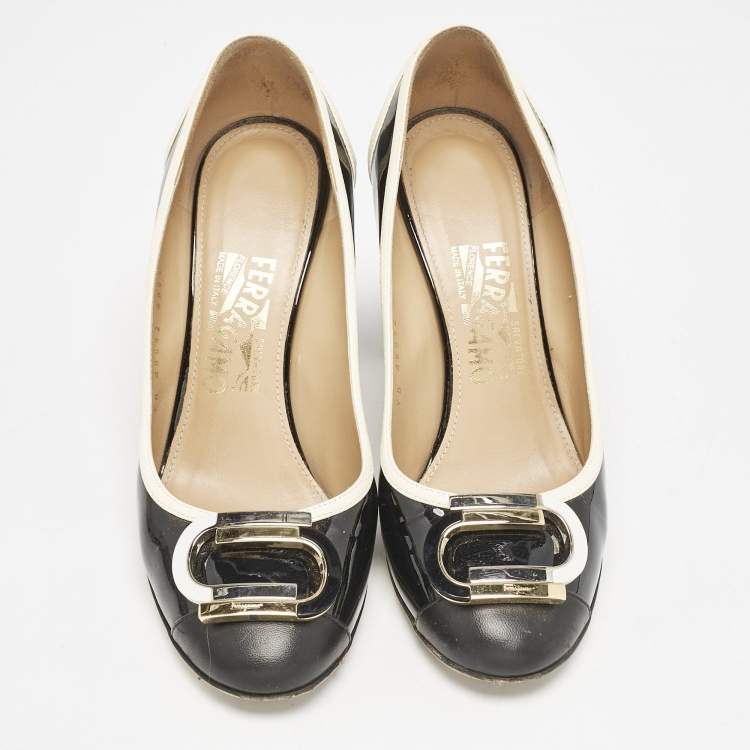 Pre Owned Salvatore Ferragamo Black/Cream Patent Leather Bow Pumps Size 38