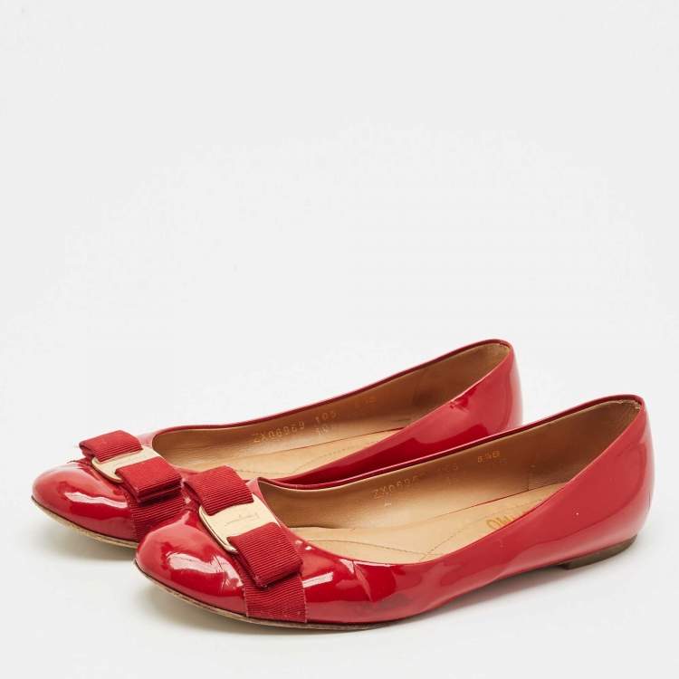 Pre Owned Salvatore Ferragamo Red Patent Leather Varina Bow Ballet Flats Size 39