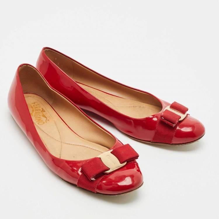 Pre Owned Salvatore Ferragamo Red Patent Leather Varina Bow Ballet Flats Size 39