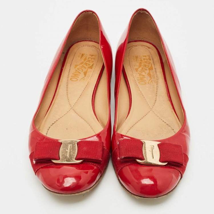 Pre Owned Salvatore Ferragamo Red Patent Leather Varina Bow Ballet Flats Size 39