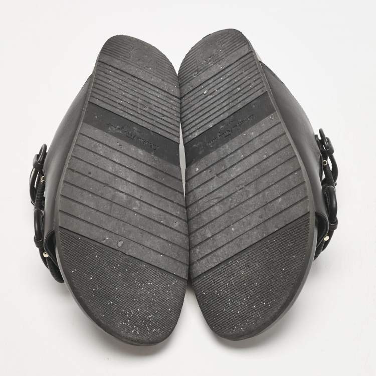 Pre Owned Salvatore Ferragamo Black/Off White Logo Print Fabric and Leather Gairo T Flat Slides Size 39.5