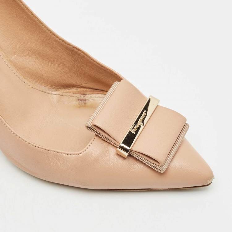 Pre Owned Salvatore Ferragamo Blush Pink Leather Bow Pumps Size 37.5