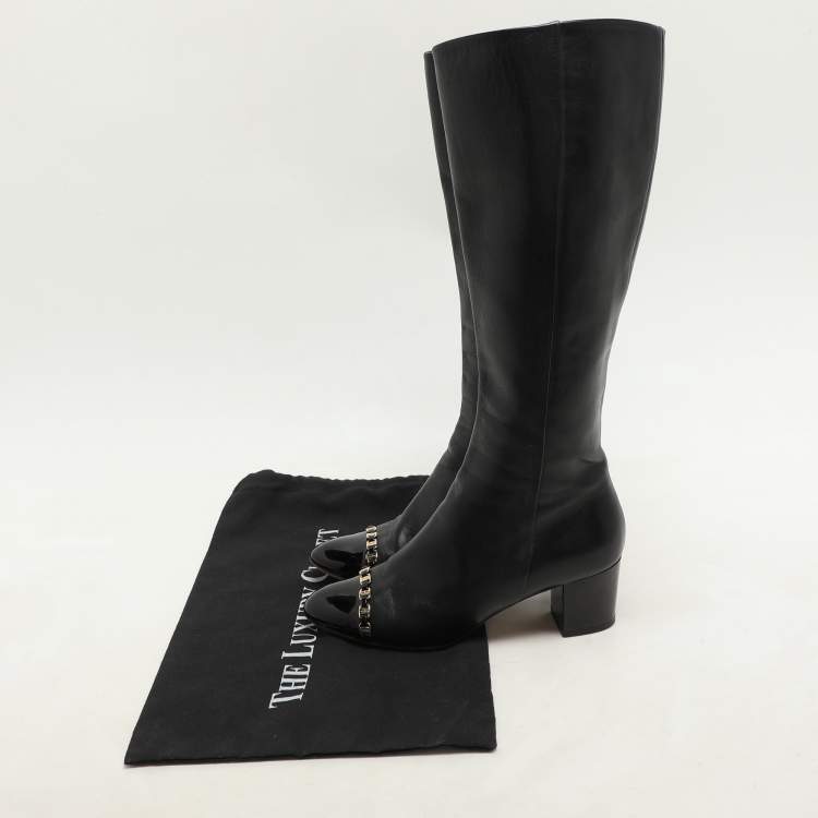 Pre Owned Salvatore Ferragamo Black Leather Cap Toe Nanni Knee Length Boots Size 35.5