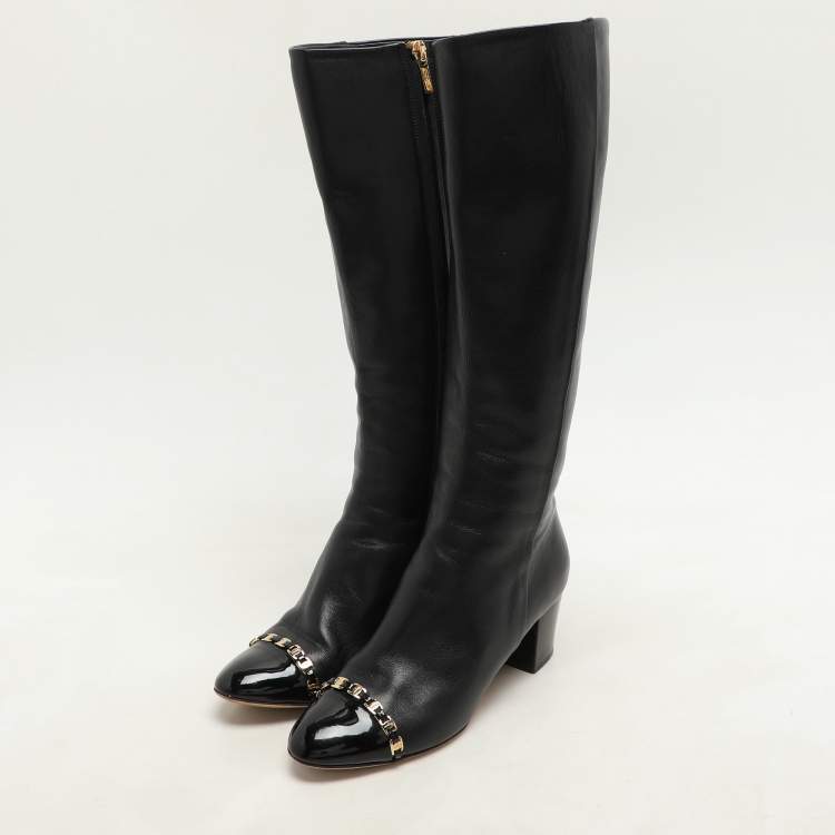 Pre Owned Salvatore Ferragamo Black Leather Cap Toe Nanni Knee Length Boots Size 35.5