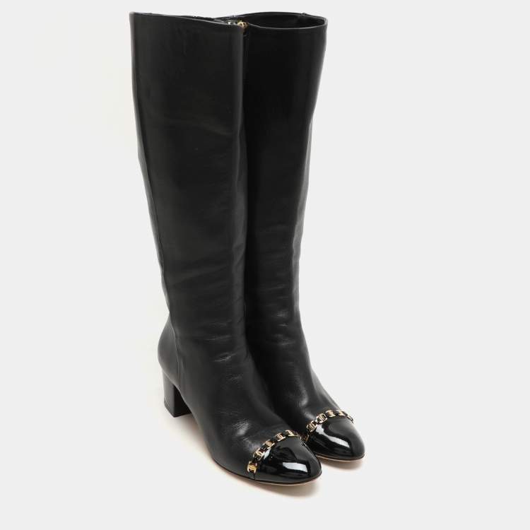 Pre Owned Salvatore Ferragamo Black Leather Cap Toe Nanni Knee Length Boots Size 35.5