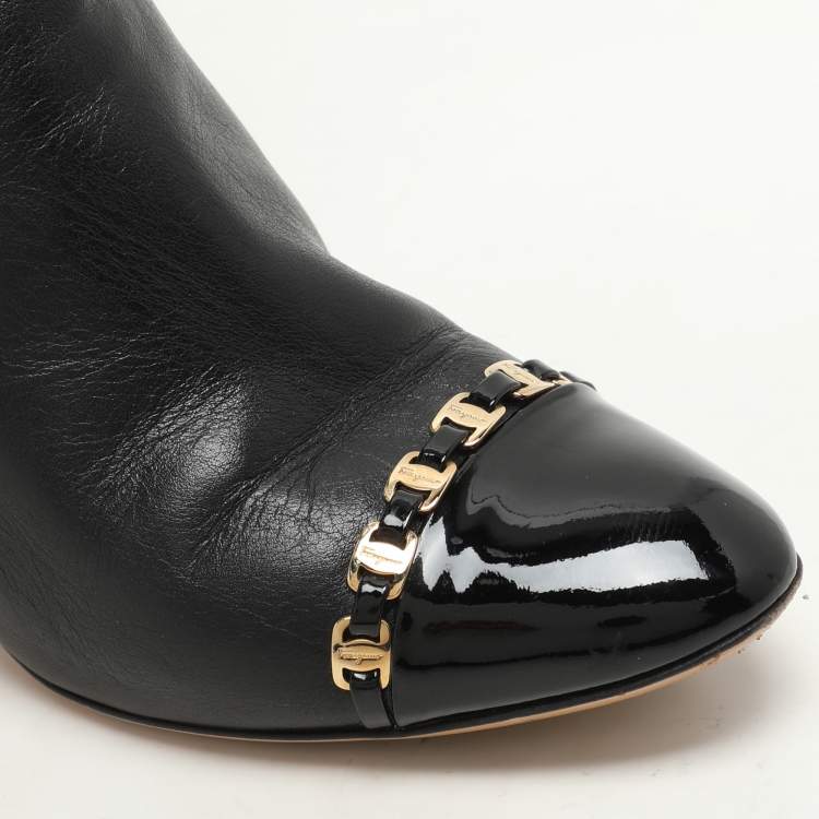 Pre Owned Salvatore Ferragamo Black Leather Cap Toe Nanni Knee Length Boots Size 35.5