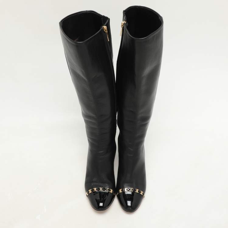 Pre Owned Salvatore Ferragamo Black Leather Cap Toe Nanni Knee Length Boots Size 35.5