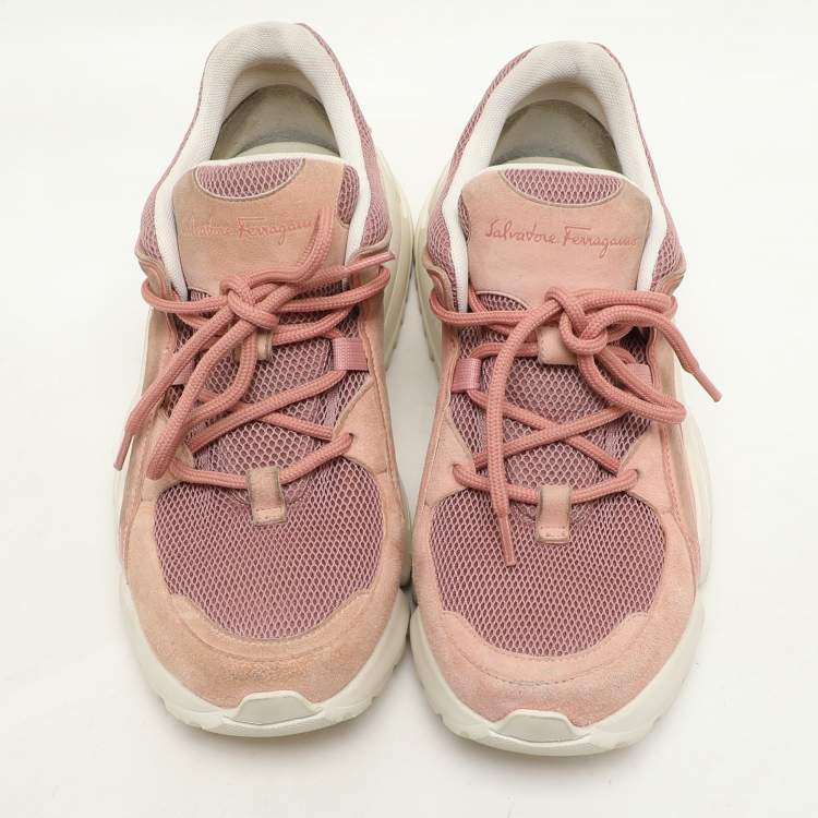Pre Owned Salvatore Ferragamo Pink Suede And Mesh Skylar Low Top Sneakers Size 36.5