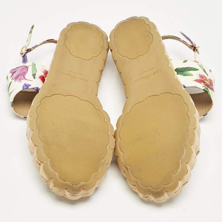 Pre Owned Salvatore Ferragamo Multicolor Floral Print Leather Lusia Flat Sandals Size 38.5