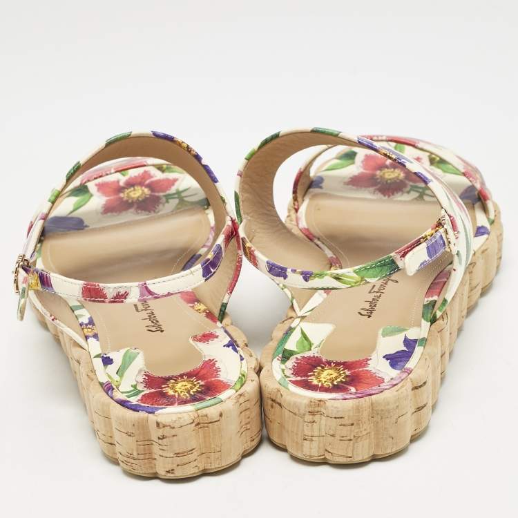 Pre Owned Salvatore Ferragamo Multicolor Floral Print Leather Lusia Flat Sandals Size 38.5