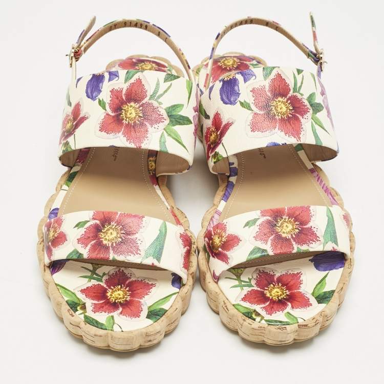 Pre Owned Salvatore Ferragamo Multicolor Floral Print Leather Lusia Flat Sandals Size 38.5
