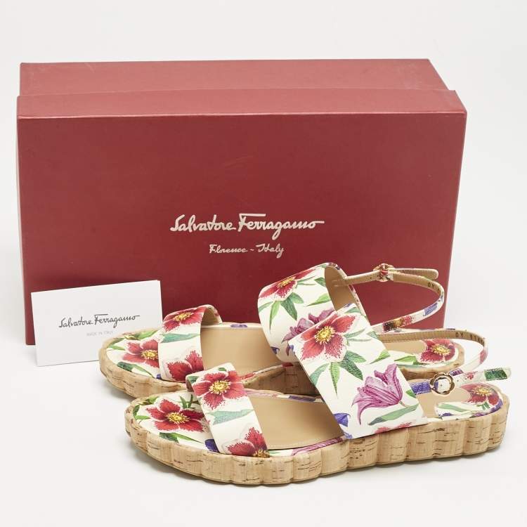 Pre Owned Salvatore Ferragamo Multicolor Floral Print Leather Lusia Flat Sandals Size 38.5