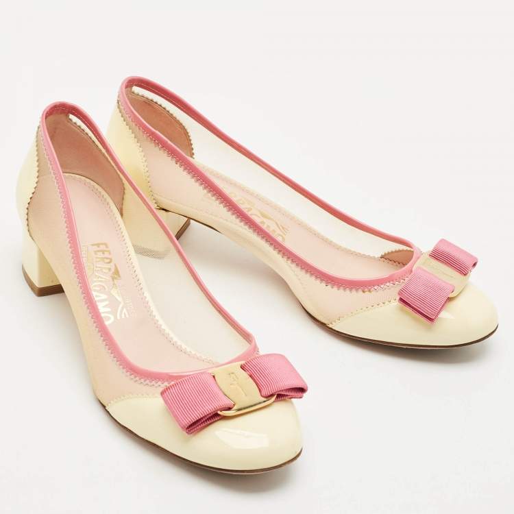 Pre Owned Salvatore Ferragamo Cream Mesh and Patent Leather Elinda Block Heel Pumps Size 37