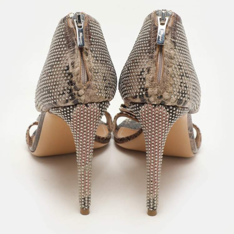 Pre Owned Salvatore Ferragamo Multicolor Python Embossed Leather Bow T Strap Sandals Size 39.5