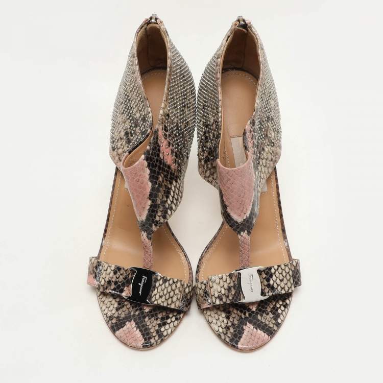 Pre Owned Salvatore Ferragamo Multicolor Python Embossed Leather Bow T Strap Sandals Size 39.5