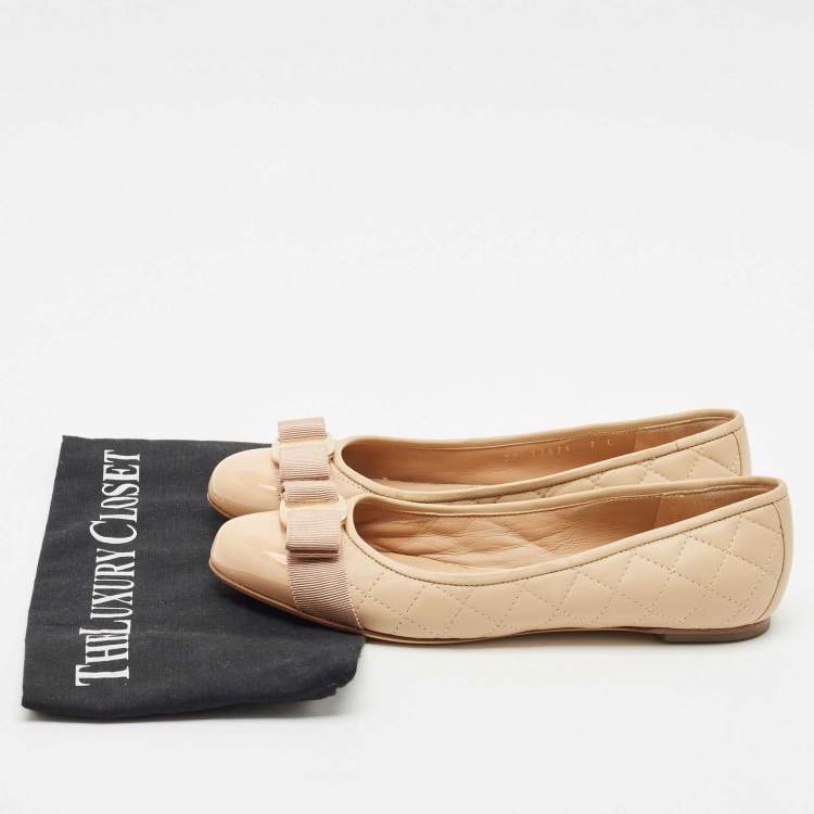 Pre Owned Salvatore Ferragamo Beige Quilted Patent and  Leather Varina Ballet Flats Size 37.5