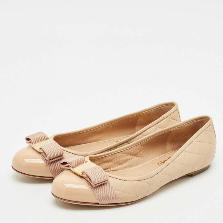 Pre Owned Salvatore Ferragamo Beige Quilted Patent and  Leather Varina Ballet Flats Size 37.5
